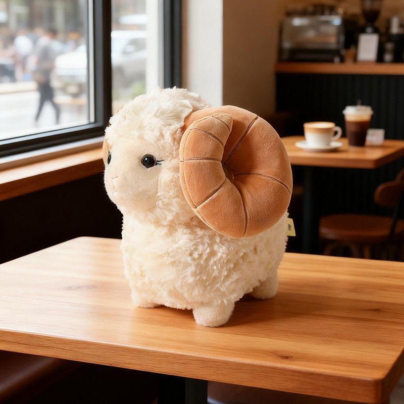 Cute Curly Horn Ram Sheep Plush Toy Squishy Fluffy Stuffed Animal Lamb Doll In White Grey Beige For Birthday Gift Home Decor