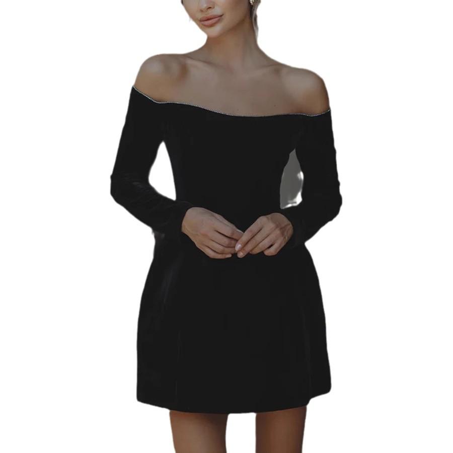 2025 Aksamitna sukienka z dżetami z odkrytymi ramionami dla kobiet - Styl europejski i amerykański