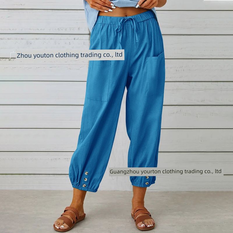 2025 New European and American Cross-Border Amazon Wish Loose High-Waisted Buttoned Cotton-Linen Cropped Wide-Leg Women's Pants