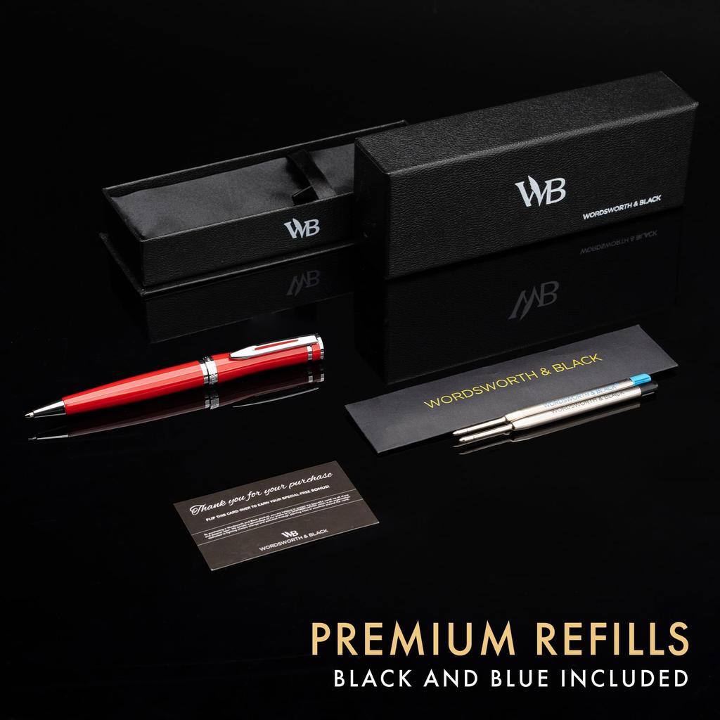 Wordsworth Black Ballpoint Pen in Red Lacquer Stunning Luxury Chrome Finish with Refillable A Perfect Gift Set for Men and & - Ink. Women. Refillable,
