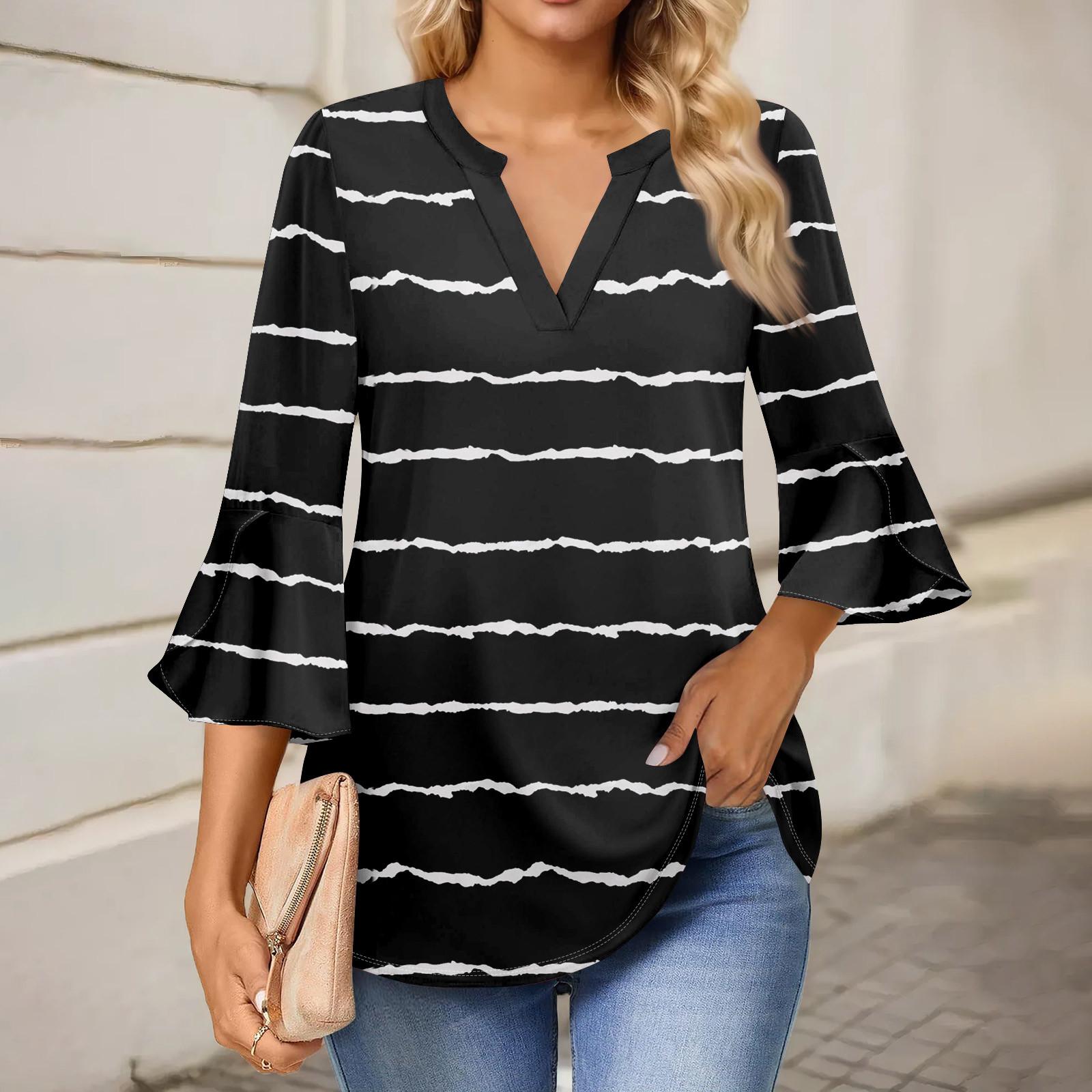 

Женская рабочая рубашка с плиссировкой и рукавом 3/4, рубашка с V-образным вырезом, повседневная рубашка с завязками на талии, деловая рубашка L чёрный