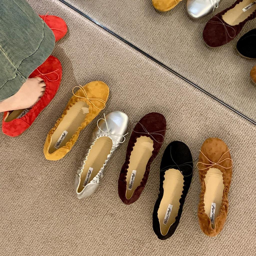Flat-bottomed Small Silver Retro Light Mouth Gentle Single Shoes Women's Autumn New Bow Fairy Ballet Style Commuter Ladyshoes
