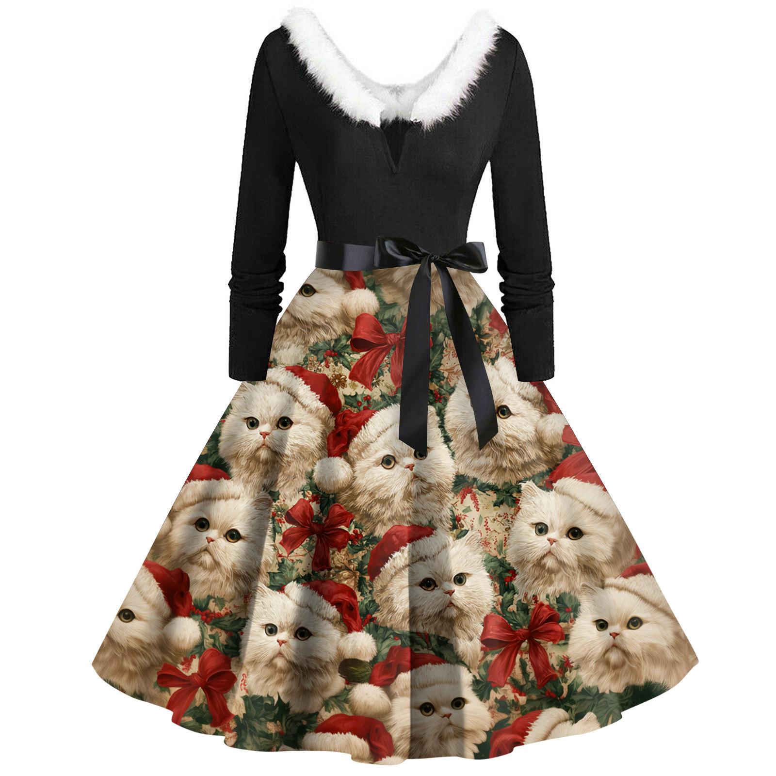 

Christmas Print Flare Dress For Women Long Sleeve Dress Hollow Party Casual Dresses S червоний