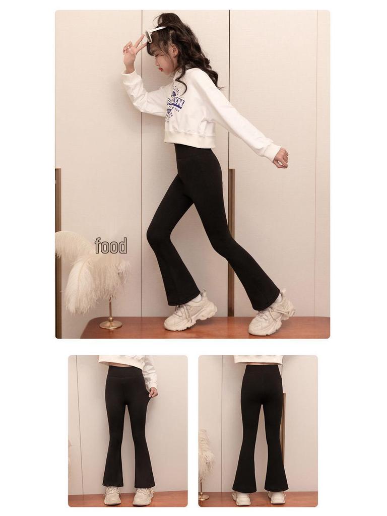 Girls' Fleece-Lined Shark Pants - High-Waisted, Slim-Fit, Flared Yoga Leggings for Autumn/Winter
