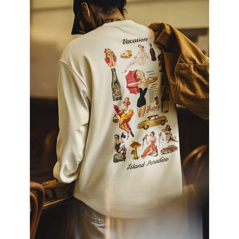 Madden Parka American Retro Print Long Sleeves T-shirt Loose Casual Pure Cotton round Neck Bottoming Shirt Tops Men's Autumn