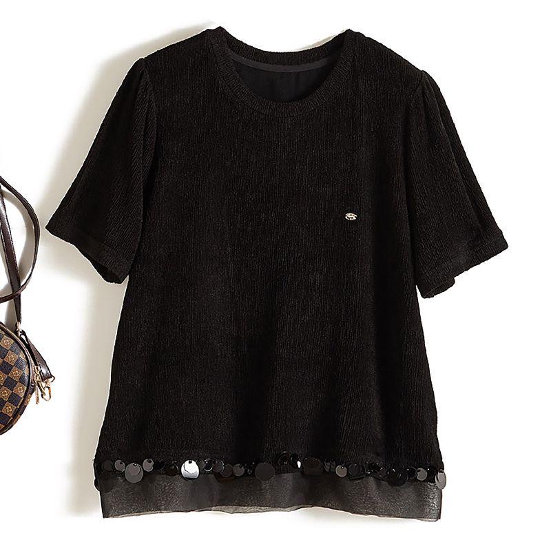 

Scandinavian Light Luxury Brands Tops! Heavy Quality Women s Elastic Cotton Yarn Luminous Sequin Splicing Pullover Short Sleeve T-shirt Summer Black L