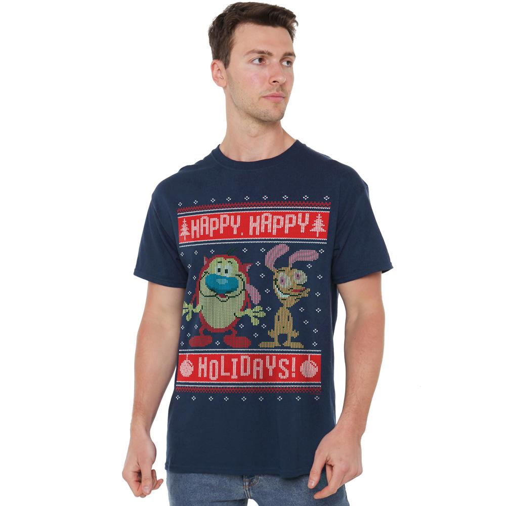 Ren & Stimpy Herrar Glad, Glad Helg Julstickad T-shirt
