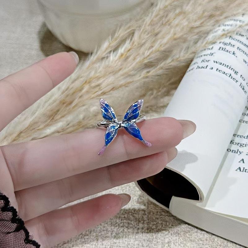Burnt Blue Enamel Dopamine Flower Butterfly Open Ring Niche High Sense Stacking Wearing Temperament Fashion Index Finger Ring Women