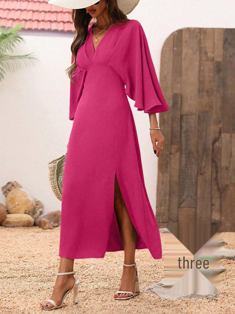 Women's Summer V-Neck Long Dress with Slit and Mid-Length Sleeves