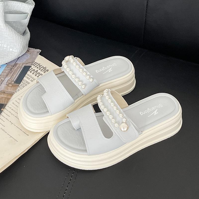 

Beach skirt new bow pearl outer wear 2025 platform slippers female shaken fairy cool slippers 40 светло-синий