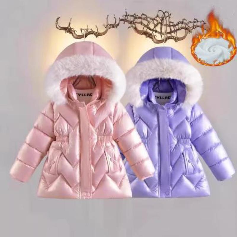 Girls Down Coats Children Thickened Fur Collar Hooded Jackets Kids Plush Velvet Warm Hooded Outerwear Toddler Parkas