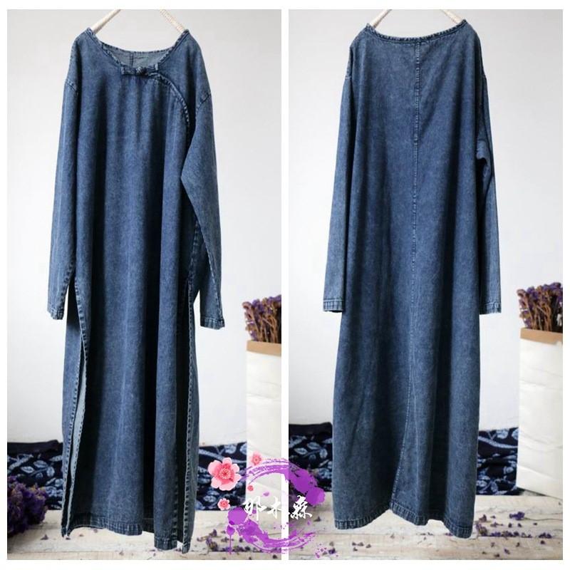 Женское джинсовое винтажное пуловерное платье с круглым вырезом и длинным рукавом — фото 5