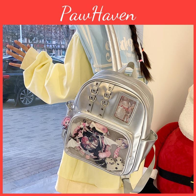 Blocked Simple Color Student Backpack With Transparent Compartment Display Badge