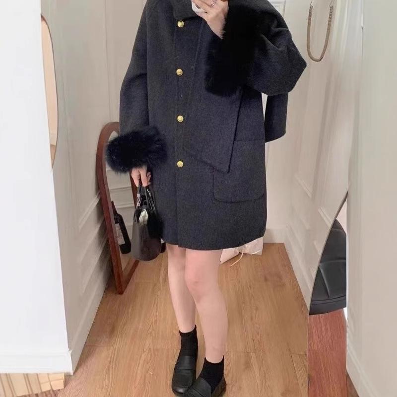 

Двустороннее кашемировое пальто для женщин, накидка из меха лисы золотистого цвета средней длины, высококачественное шерстяное пальто M