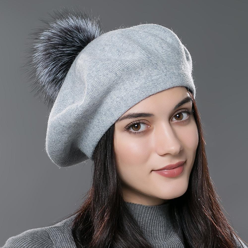 A Women's Beret Knitted Wool Hat with Fur Ball, Fashionable European and American Popular Hat, Autumn and Winter Thick Ear Protection Wool Hat