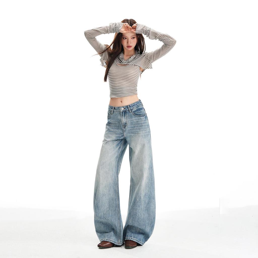 Women's Retro Washed Low Waist Wide Leg Jeans - Autumn Winter Collection
