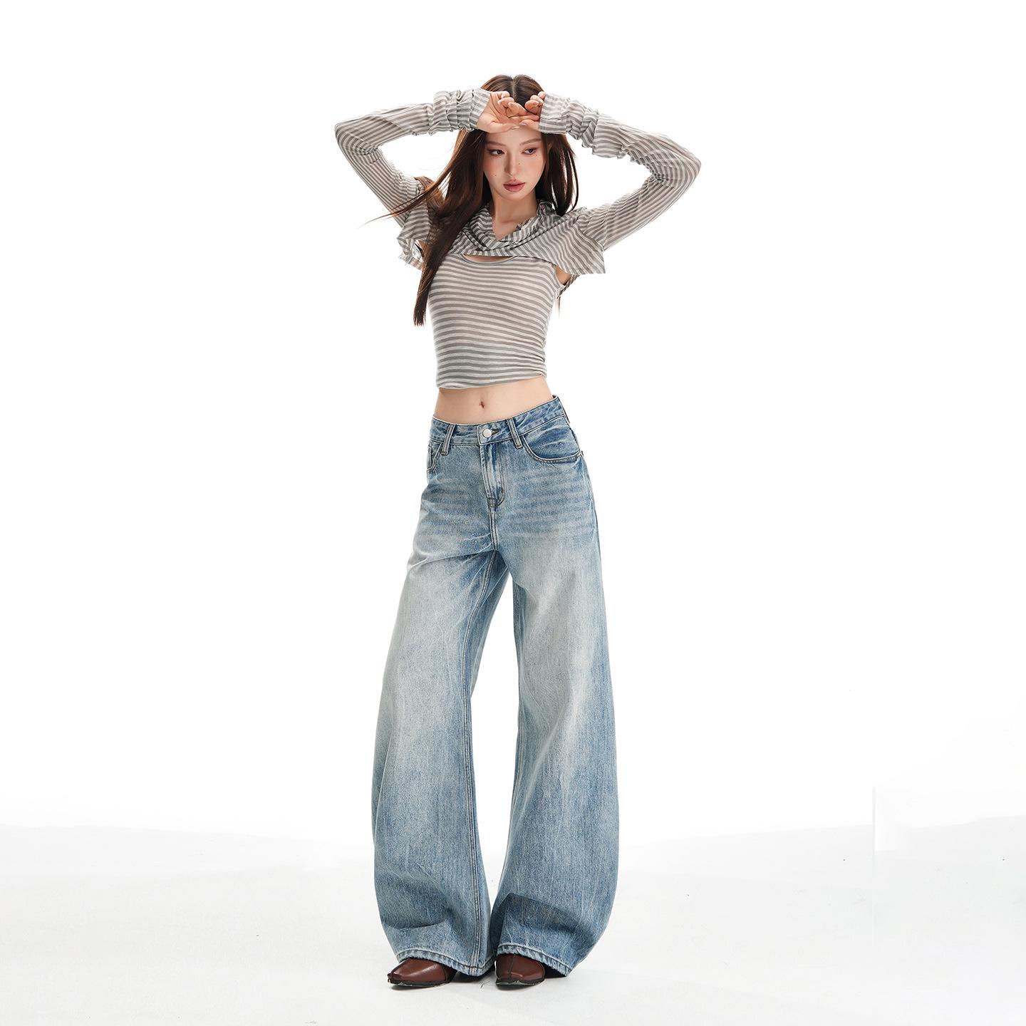 Women s Retro Washed Low Waist Wide Leg Jeans - Autumn Winter Collection L