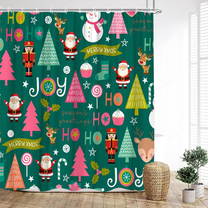 Cartoon Christmas Shower Curtain Funny Snowman Santa Claus Elk Xmas Trees New Year Kids Bath Curtains Bathroom Decor With Hooks