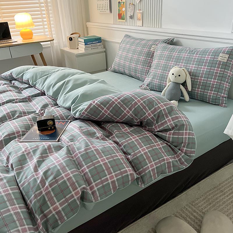 Japanese Washed Cotton 4-Piece Bedding Set: Duvet Cover, Fitted Sheet & Bed Sheet In Simple Style.