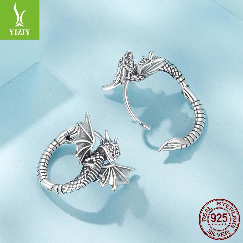 S925 Sterling Silver Retro Feilong Ear Buckle, Lucky Chinese Sterling Silver Full Body Earrings Earrings