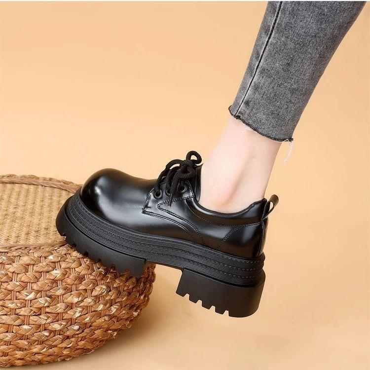 Women's Thick Sole Heeled Laced  Korean Style Loafers 2025 Spring Autumn New Design British Fashion Lace Up Shoes
