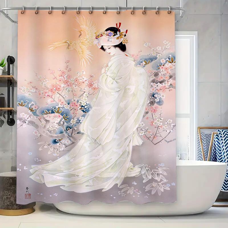 Luxury Vintage Floral Shower Curtain with Birds Print for Bathroom Decoration Peach Pink White Colorful Bath Rug Set Home Waterp