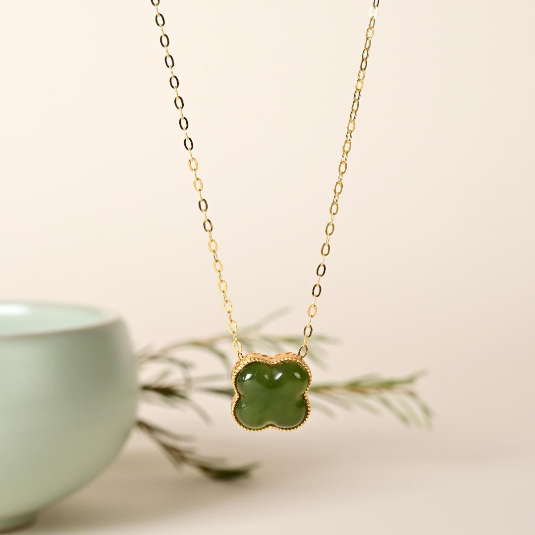 S925 Sterling Silver Hetian Jade Four-Leaf Clover Pendant Necklace - Chinese Style Clavicle Chain X120 925 Silver