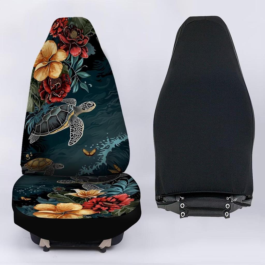 Bulopur Multicolor Polyester Universal Fit Car Truck SUV Van Automotive Seat Covers, 2pcs Front, Hibiscus Floral & Sea Turtle Print