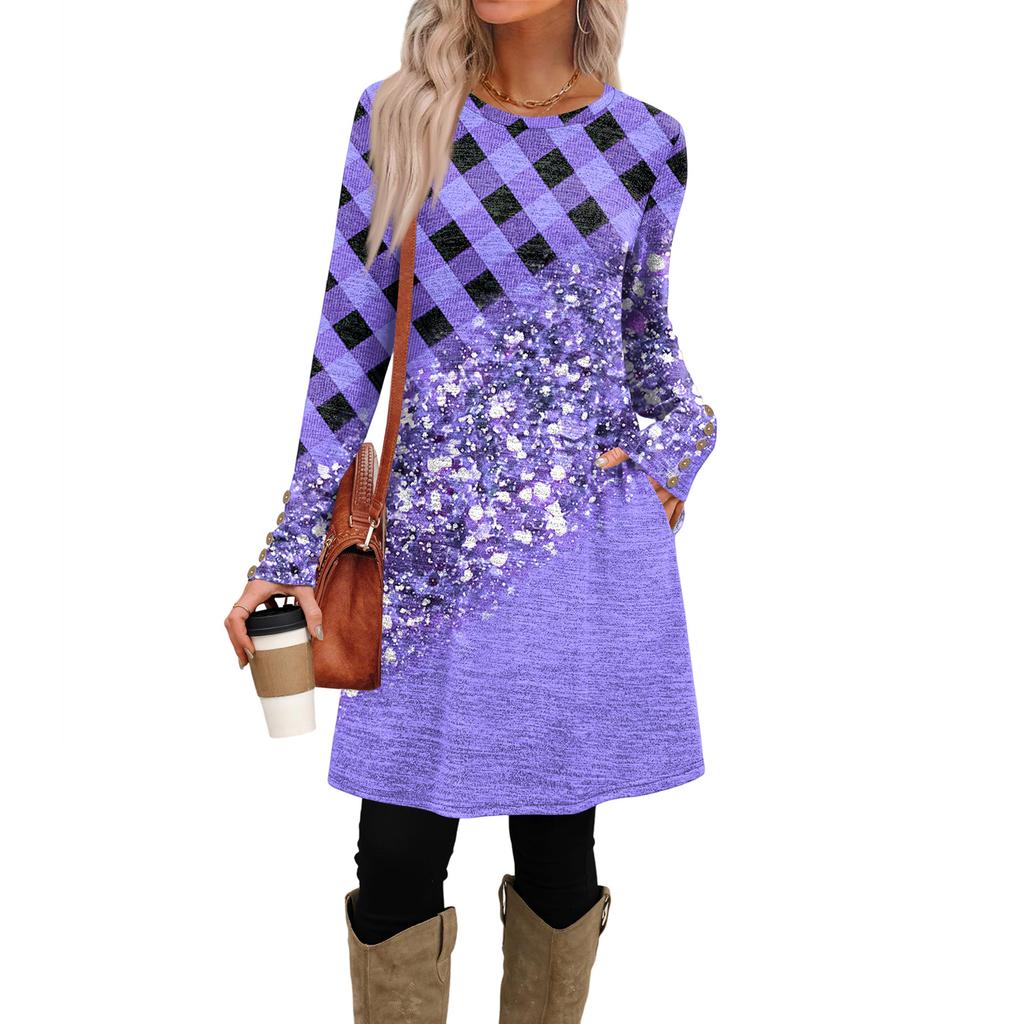 Women's Fashion Casual Dress With Pockets, Decorative Buttons, Round Neck And Long Sleeves