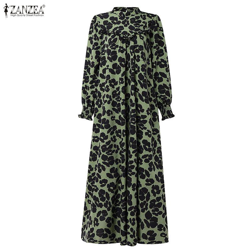 ZANZEA Damen Lässig Rundhals Locker Langarm Print Langes Kleid