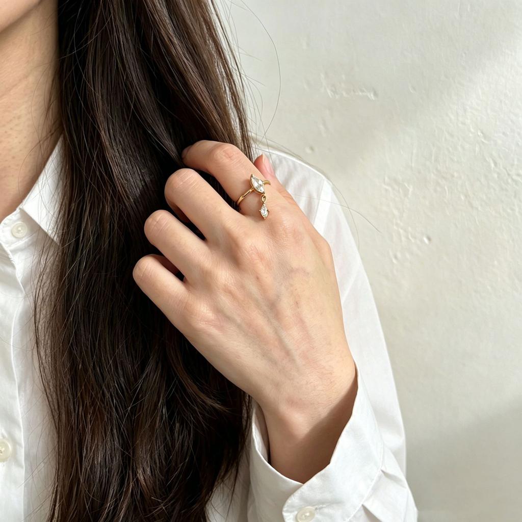 Stainless Steel Gold Color Ring Women Rhombus Zircon Pendant Adjustable Open Ring Fashion Exquisite Colorfast Banquet Jewelry