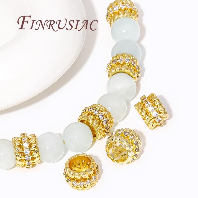 18K Gold Plated Brass Zircon Spacer Beads Accessories For Bracelet,Big Hole Bead,Metal Beads Separators For Jewelry DIY Fittings