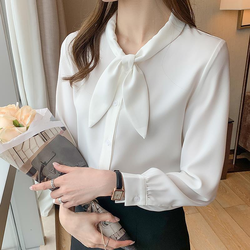 

2024 Vintage Hong Kong Style Blue Bow Tie Women s Long Sleeve Shirt with Scarf Collar S білий