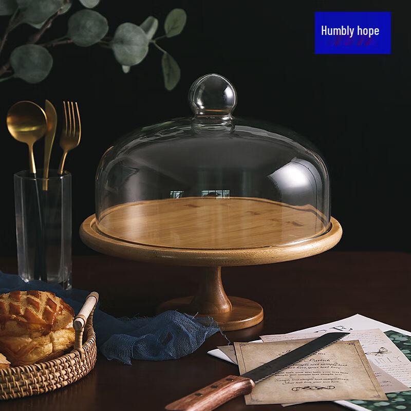 Bamboo Wood Cake and Dessert Stand with Glass Dome