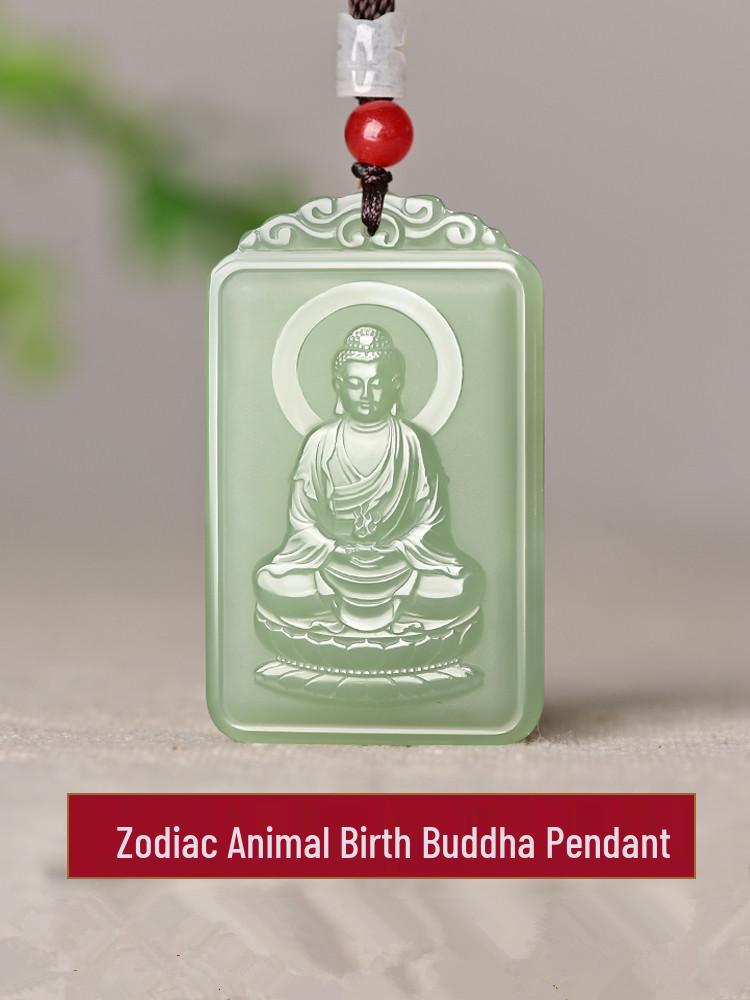 Hetian Mutton Fat Jade Zodiac Guardian Pendant - White Birth Buddha with Green Accents and Certificate
