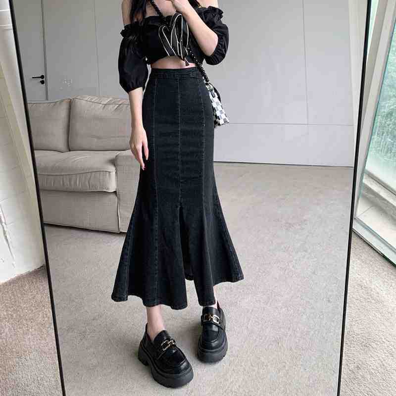 Elegant Summer Black Thin Package Hip Elastic Open Fork Fishtail Skirt Ruffled Temperament Female Versatile Comfortable Fashion Denim Bustier Skirt