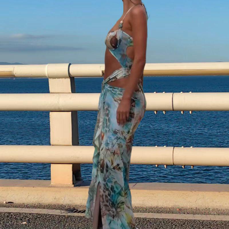 Hot-Selling Summer Strapless Tie-Up Print Slit Dress