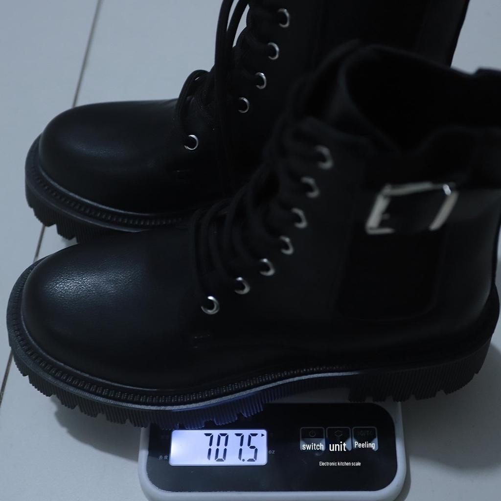 2025 Autumn Women's British Style Thick-Soled Plus Size Leather Buckle Lace-Up Ankle Martin Boots