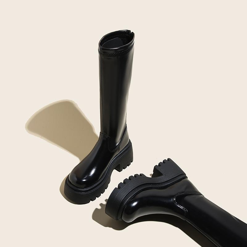 

Черные женские сапоги 2025 новая весна, осень и зима на толстой подошве сапоги-ботфорты сапожки 42 чёрный