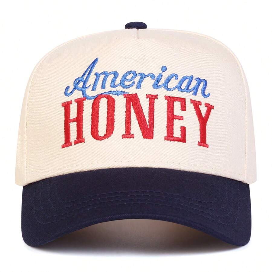 American Honey Embroidered Two Tone Five Panel Baseball Cap Adjustable Sun Protection Casual Hat Blue