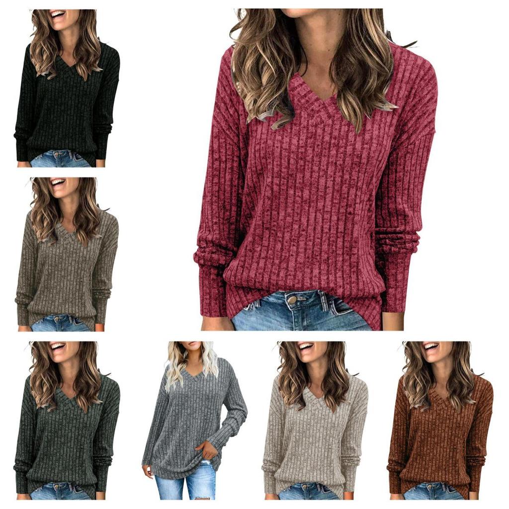 European & American Women's V-Neck T-Shirt with Short/Long Sleeves - Ribbed & Brushed Fashion Top, 2023 Edition