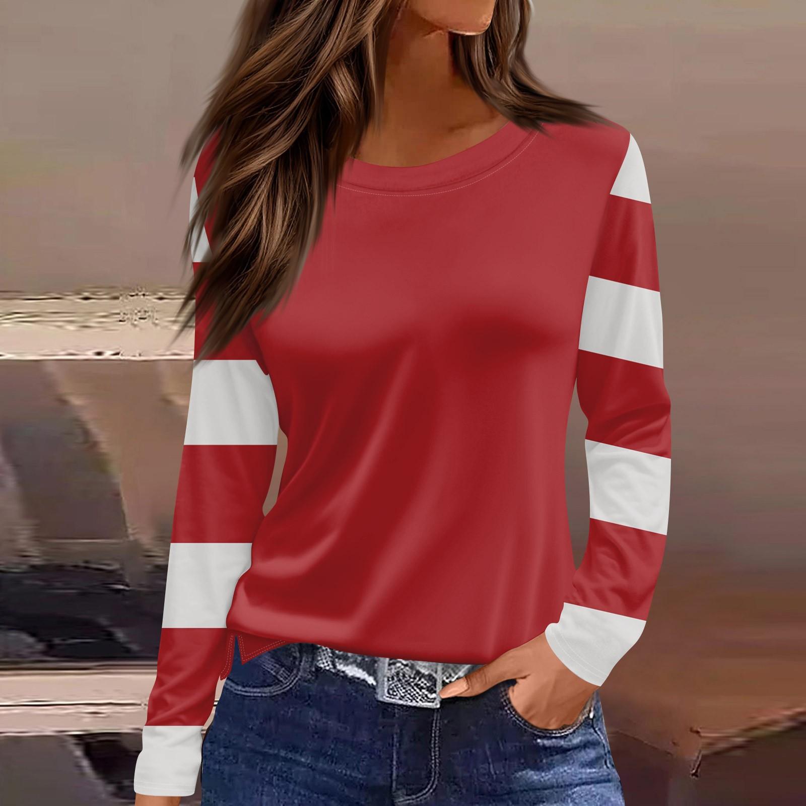 

Женская мода повседневный топ с разрезом по низу и полосками в полоску с градиентным принтом и круглым вырезом с длинными рукавами XL винный