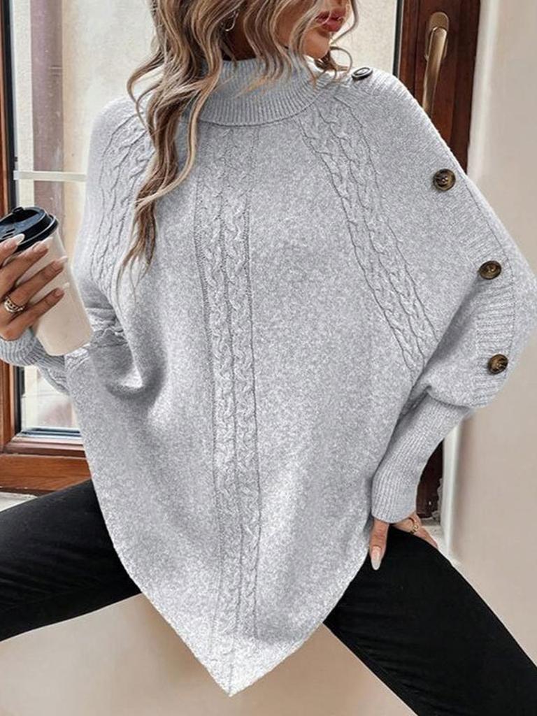 Autumn Winter New Knitted Sweater Women's Clothing, Cable Knit High Neck Button Long Sleeve Top