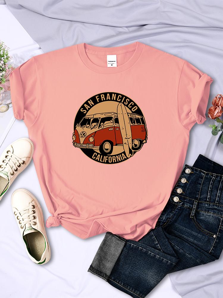 San Francisco California Vintage School Bus T-Shirts Women Street Hip Hop Short Sleeves Summer Breathable Tshirt Soft Casual Tee