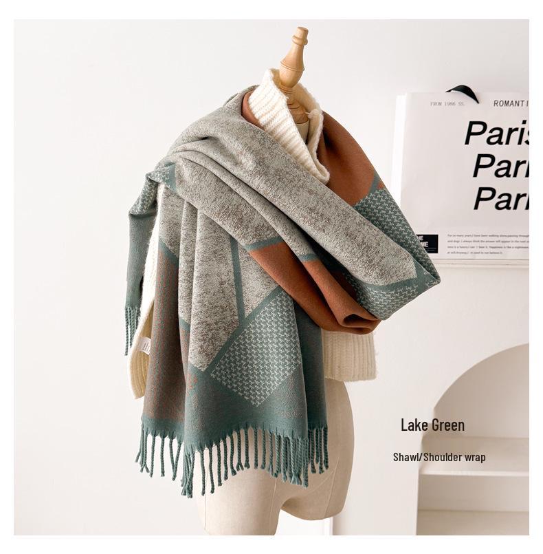 Dubbelzijdige damessjaal: Herfst/Winter Koreaanse Stijl, High-End Mode, Zachte Nekwarmer, Dikke Kwastensjaal