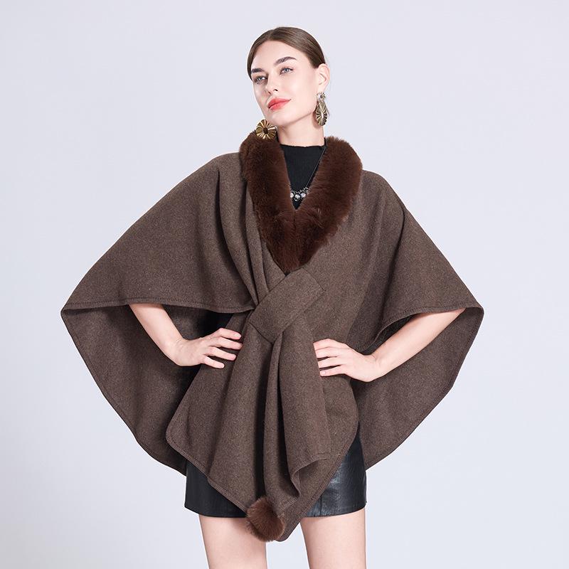 Autumn/Winter Knitted Scarf Shawl Cape with Fur Collar and Pom-Poms (Style 0962#)