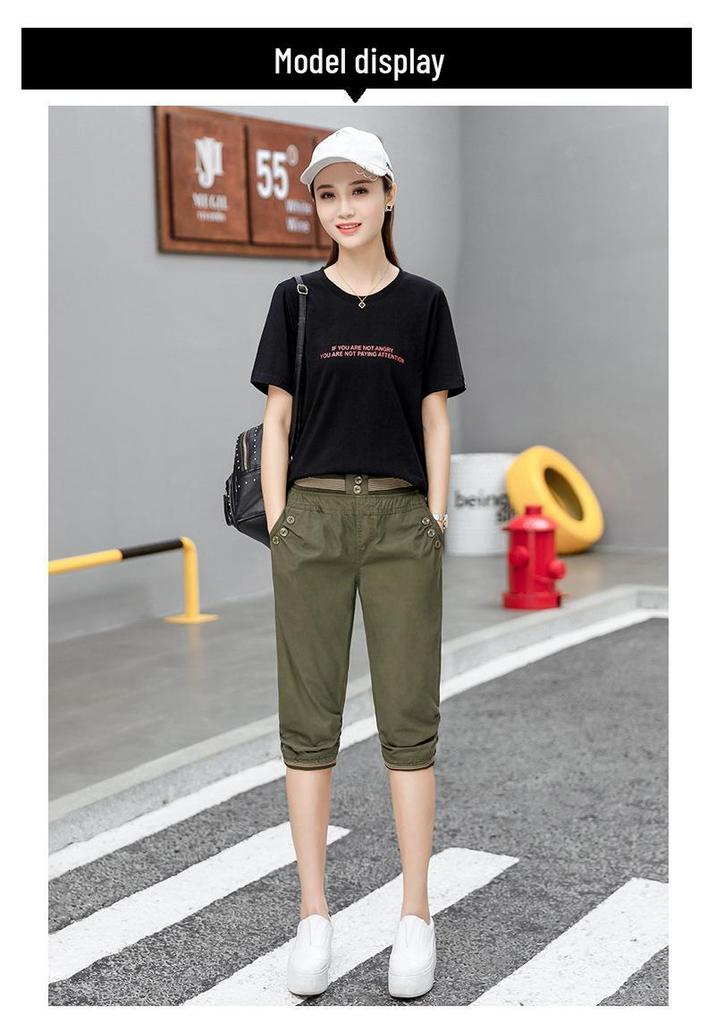 Women's Summer 2026 Korean Harem Cropped Pants - Elastic Waist, Slimming, Casual Mid-Length Pants
