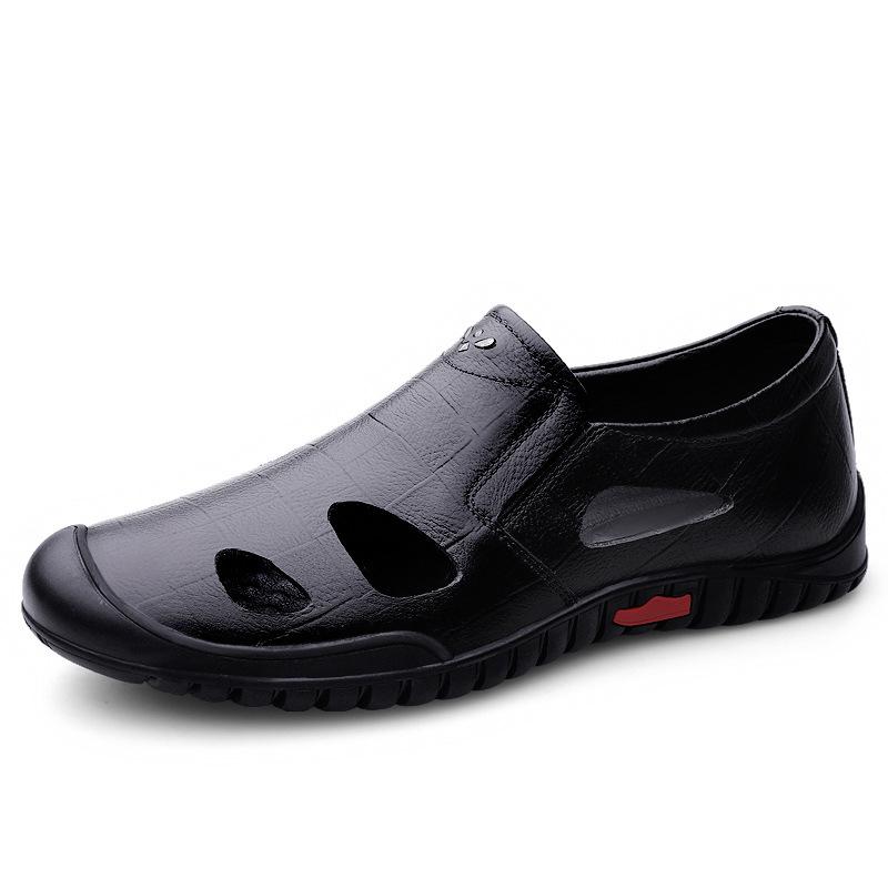 Men's Black Genuine Leather Breathable Slip-On Loafers
