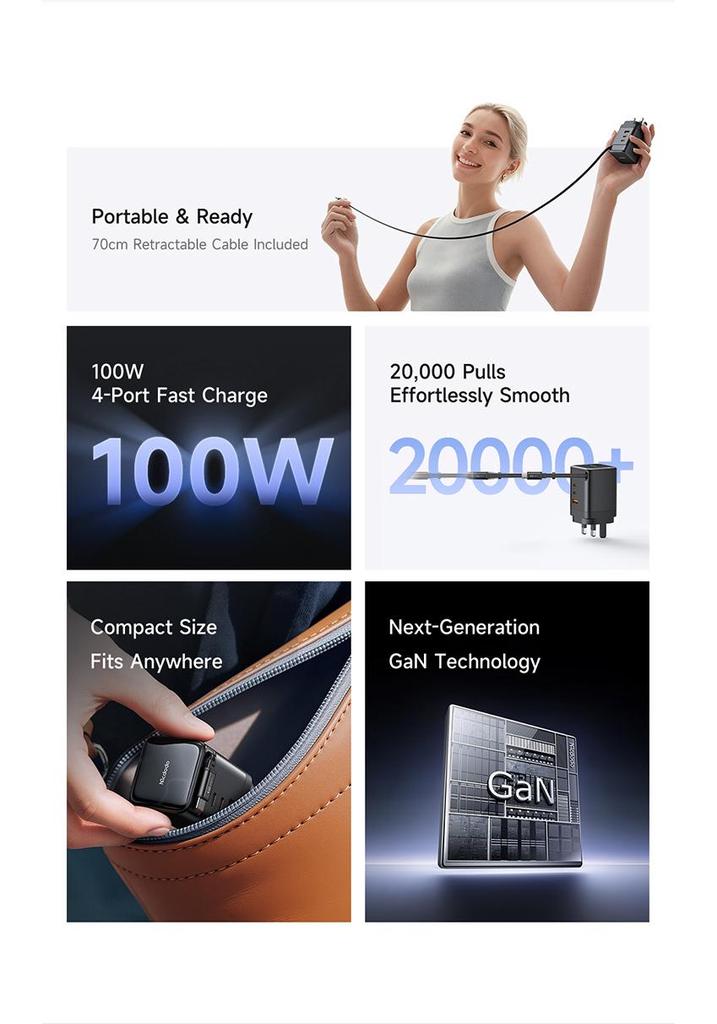 Mai Duo Duo MDD FreeGo 100W GaN USB-C Retractable Cable Fast Charger 3C1A