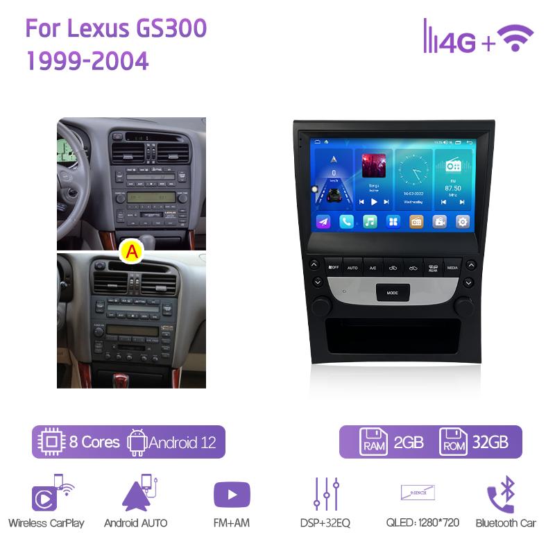 9.0Inch For Lexus GS300 1999-2004 GPS Navigation Radio Android12 8+128G 8Core CarPlay 4G 360 Camera Car Multimedia Video Player